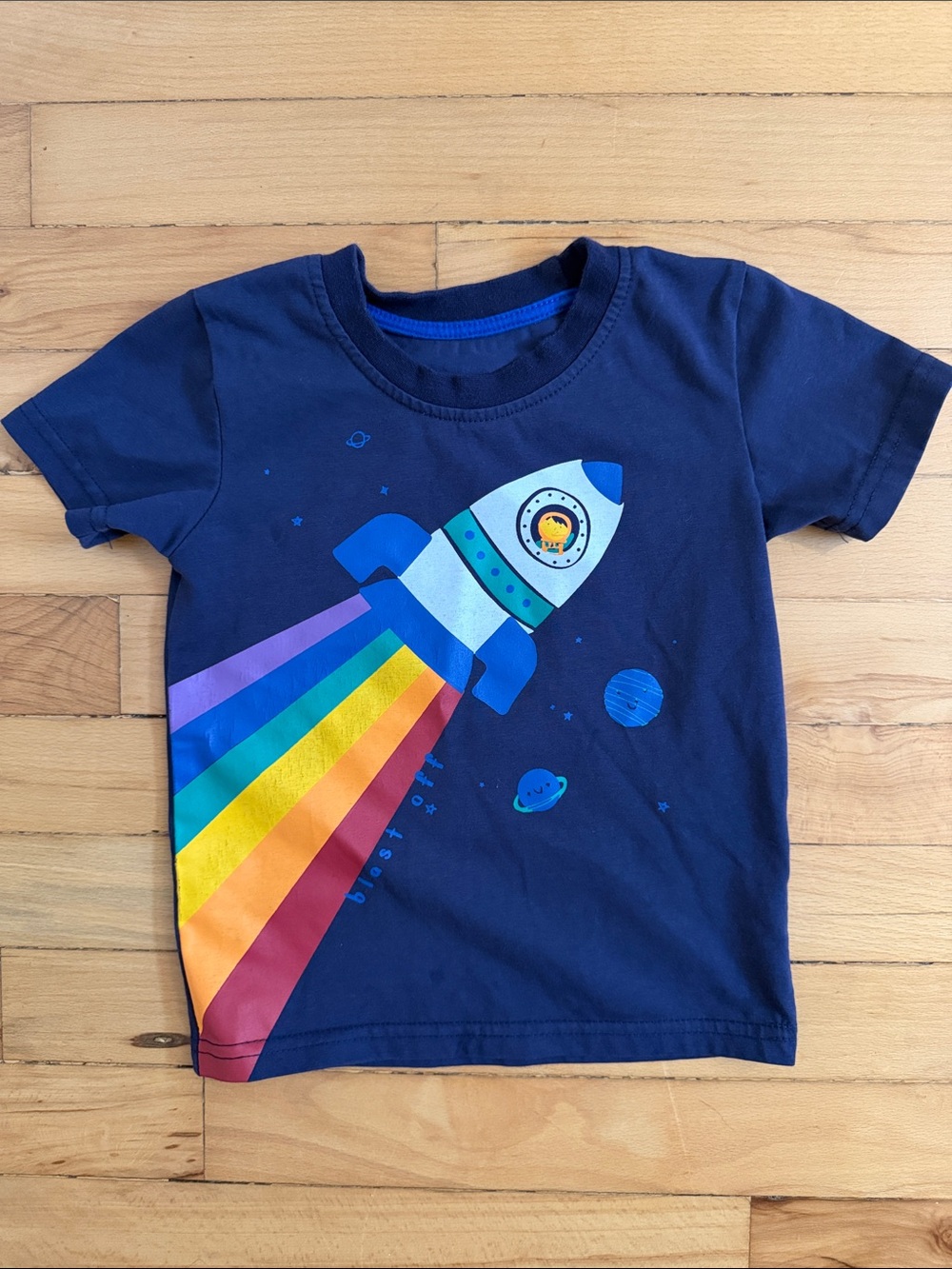 Kids Navy Rocket Graphic Tee with Rainbow Trail